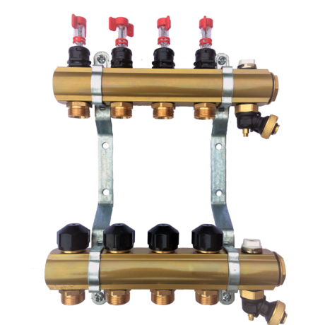 Rozdzielacz do podłogówki z rotametrami i wkładkami termostatycznymi, z sekcją napełniająco-odpowietrzającą