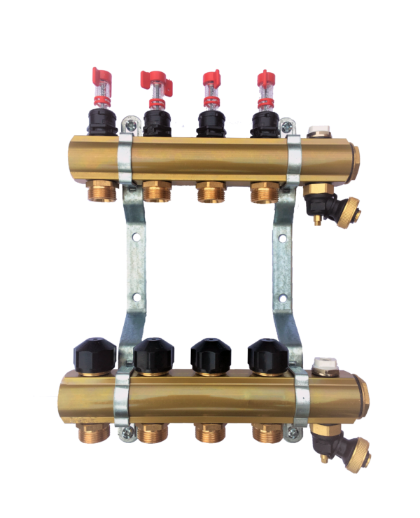 Rozdzielacz do podłogówki z rotametrami i wkładkami termostatycznymi, z sekcją napełniająco-odpowietrzającą